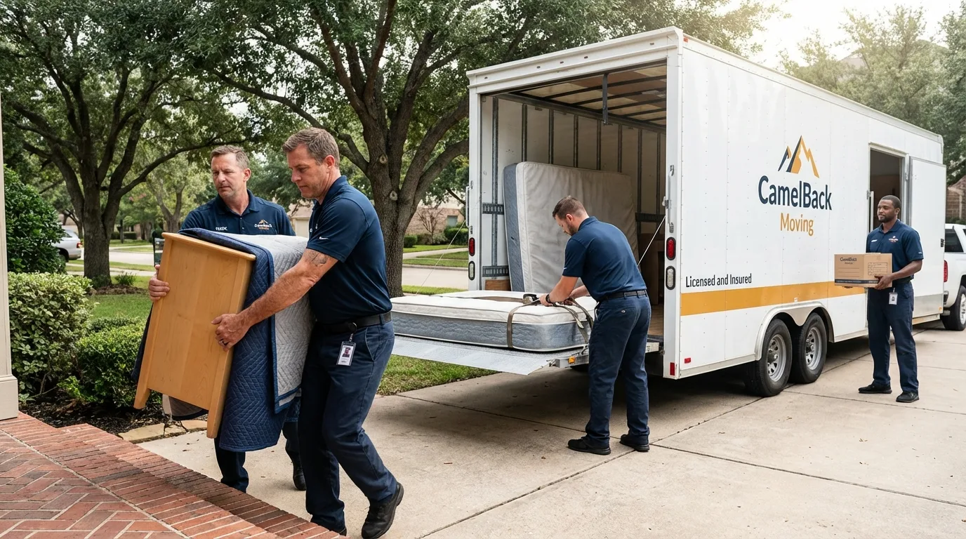 Crew loading residential truck for cross-state move from Orange, TX
