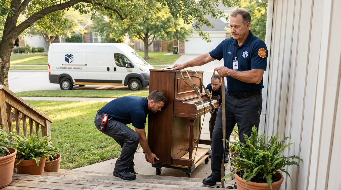 Licensed piano movers securing grand piano in Orange, TX