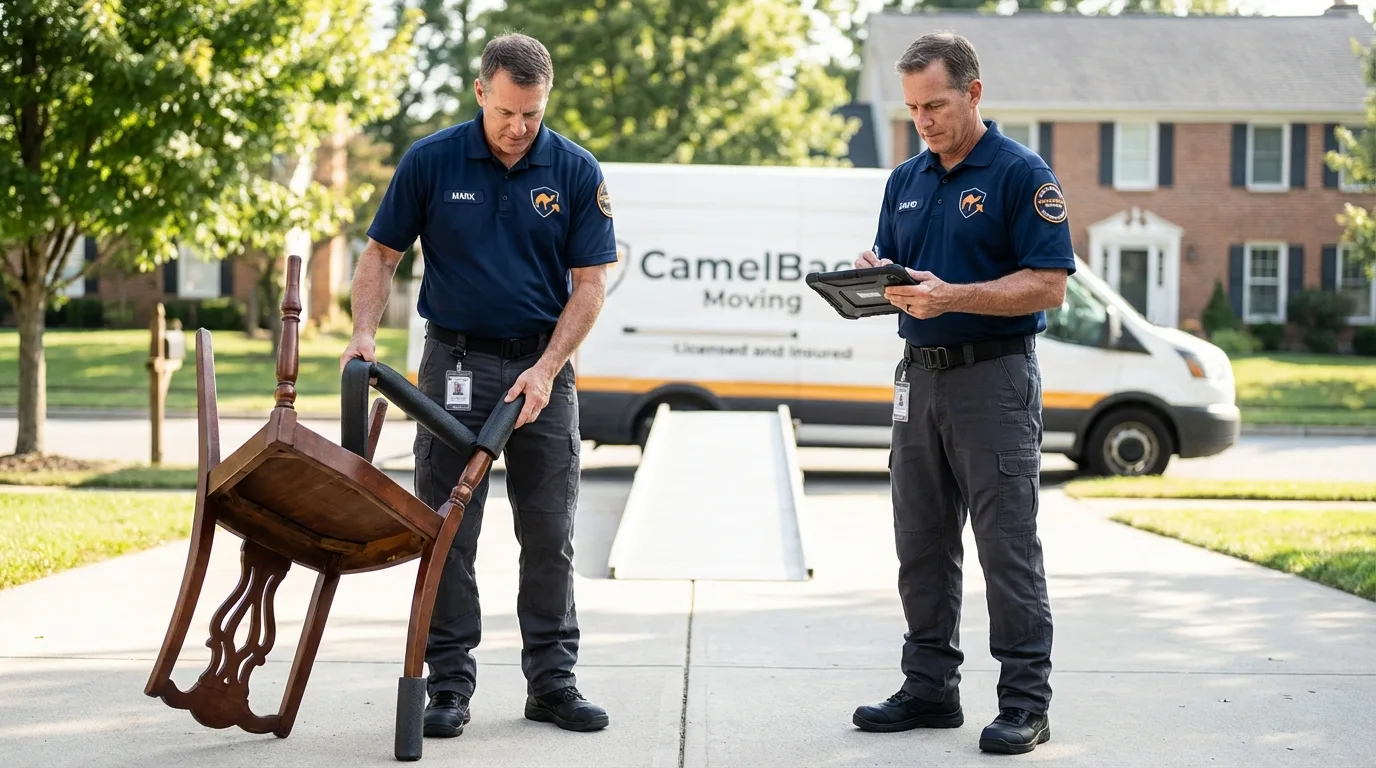 Movers inspecting furniture for damage prevention before loading in Orange, TX