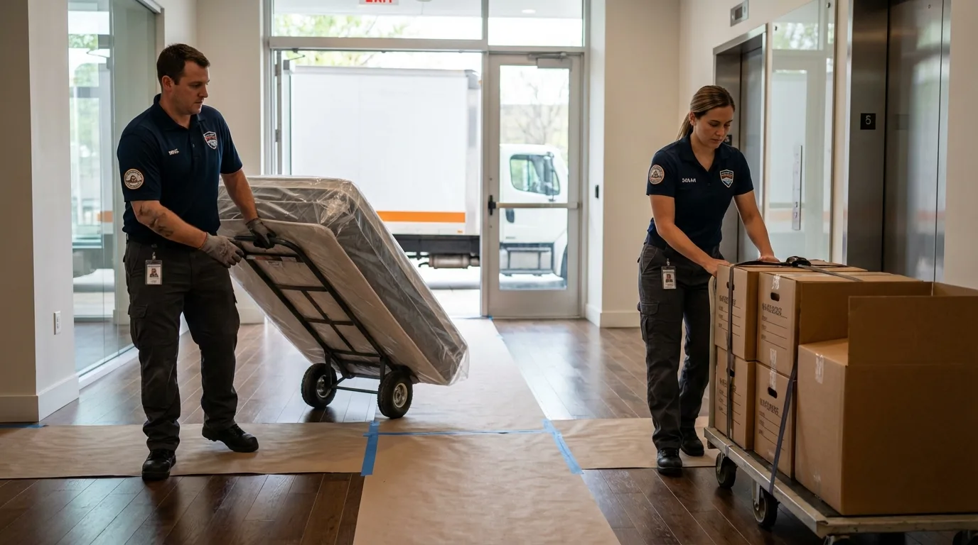 Professional apartment movers loading elevator in Orange, TX